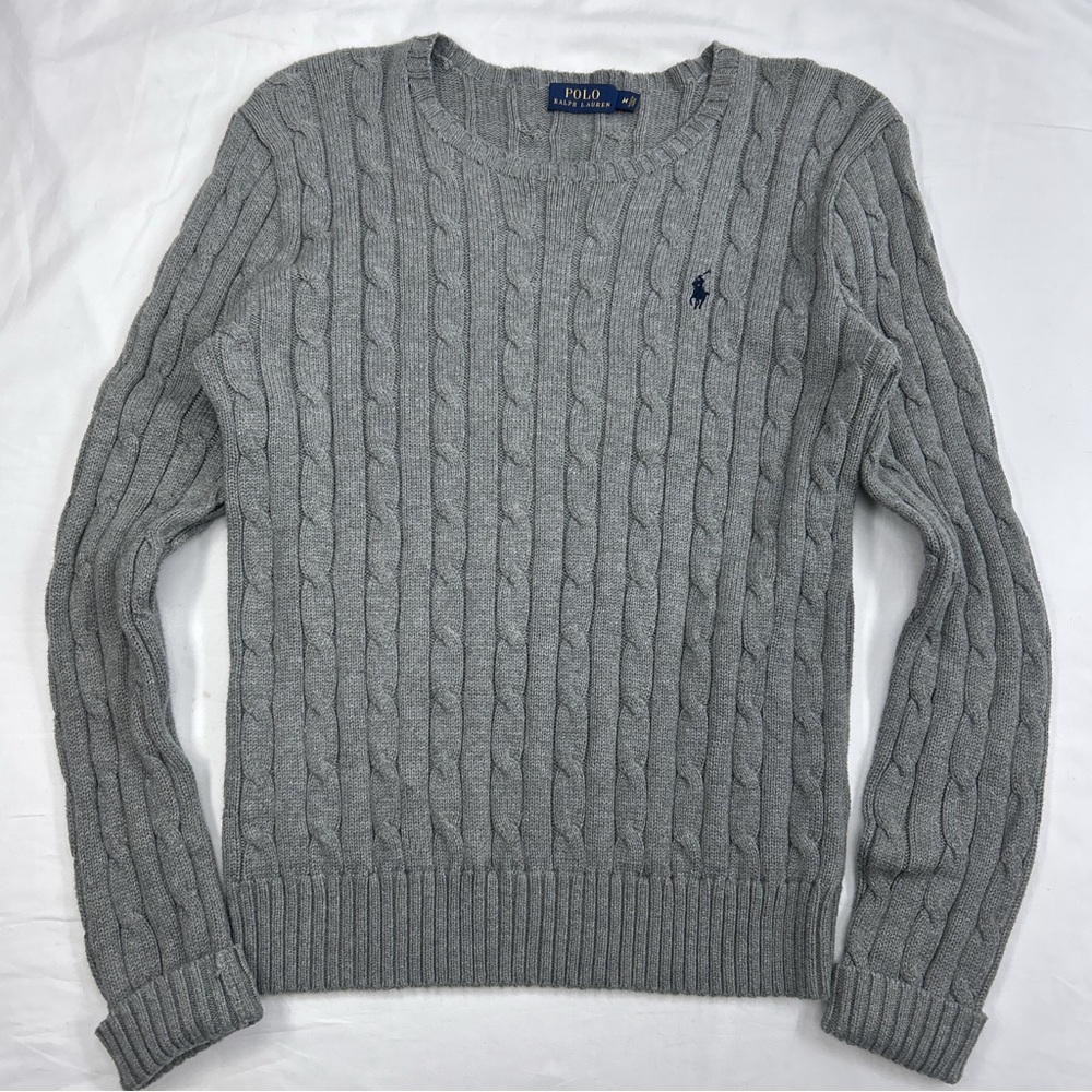 Polo Ralph Lauren Grey Cable Knit Cotton Crewneck Sweater M Blue Pony Preppy
